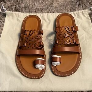 Loewe Cognac Brown Leather Double-Strap Slide Sandals with Logo Cutout